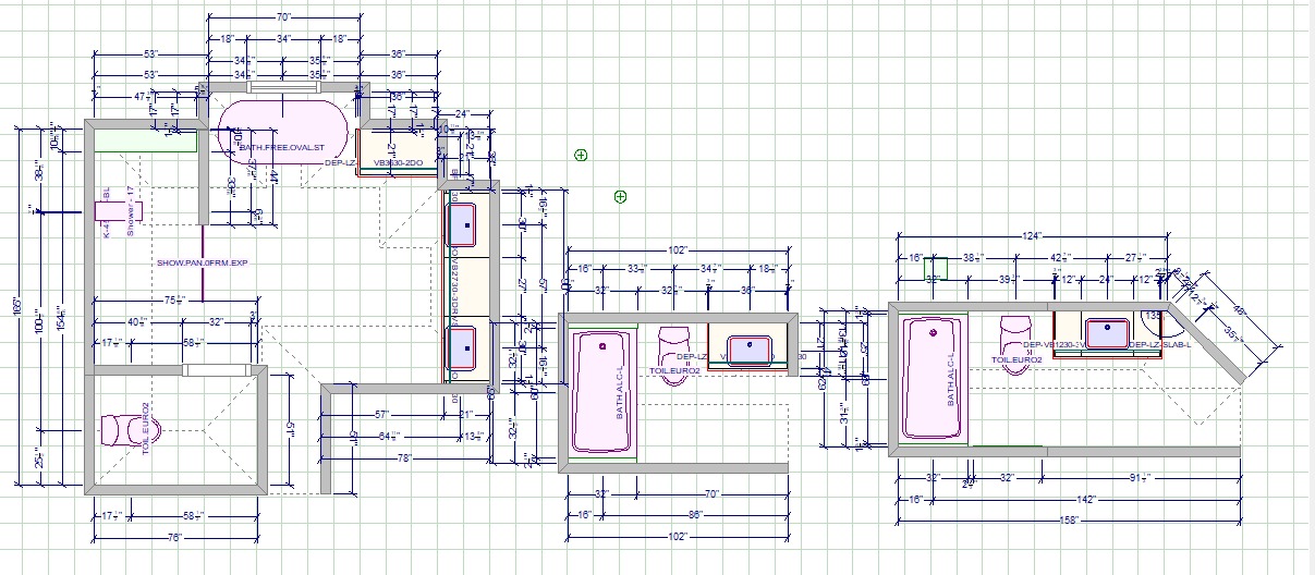 Full CAD floor plan with dimensions — master bath, guest bath, powder room — precise measurements for plumbing, framing, and tile layout