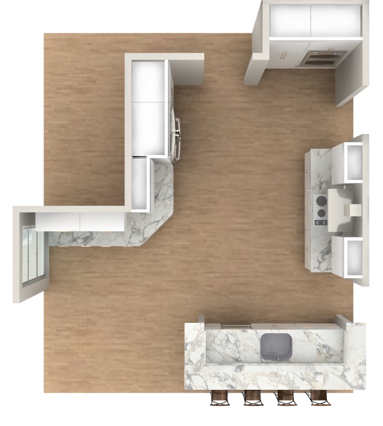 Bird's-eye kitchen layout rendering — U-shaped layout with waterfall island, showing full spatial arrangement of cabinets, appliances and seating