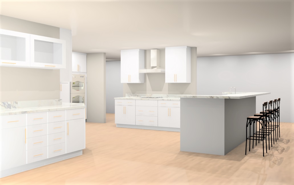 3D kitchen rendering — white shaker cabinets, Calacatta quartz countertops, gold bar pulls, open island layout