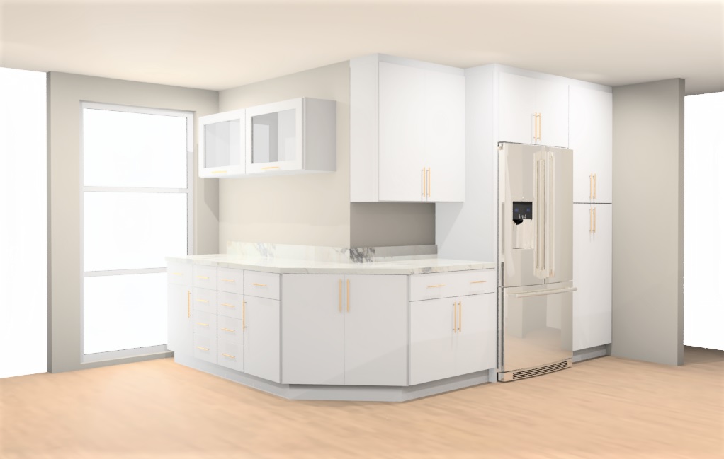 Kitchen rendering — angled peninsula with quartz countertop, French door refrigerator, gold hardware