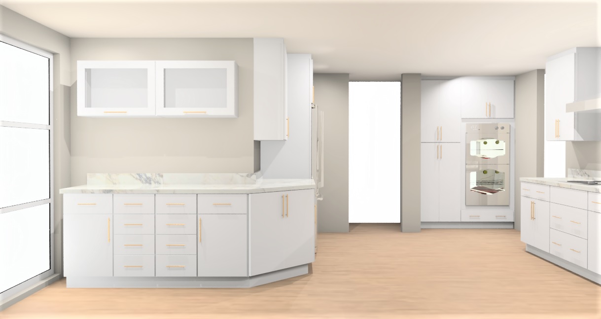 Kitchen rendering — wall of white shaker cabinets, double wall oven, pantry tower, gold pulls