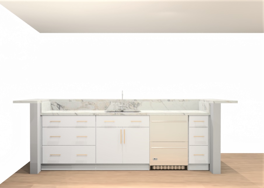 Kitchen island rendering — waterfall quartz island with undermount sink, gold faucet, integrated beverage fridge